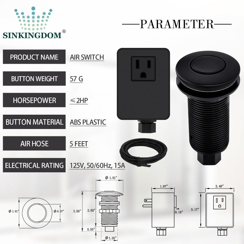 SINKINGDOM Garbage Disposal Air Switch Kit with Long Button, Matte Black (Brass Cover) - Image 2